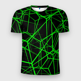 Мужская футболка 3D Slim с принтом Зеленые Полигоны в Курске, 100% полиэстер с улучшенными характеристиками | приталенный силуэт, круглая горловина, широкие плечи, сужается к линии бедра | зеленая абстракция | зеленая матрица | зеленая текстура | зеленые линии | зеленые полоски матрица | современное искусство