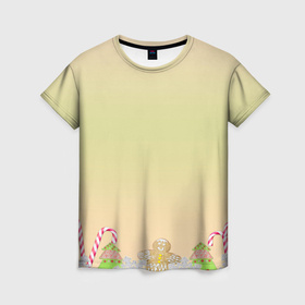 Женская футболка 3D с принтом Рождество и Новый год: пряники карамель в Белгороде, 100% полиэфир ( синтетическое хлопкоподобное полотно) | прямой крой, круглый вырез горловины, длина до линии бедер | Тематика изображения на принте: 