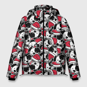 Мужская зимняя куртка 3D с принтом Щенки и красные колпаки в Екатеринбурге, верх — 100% полиэстер; подкладка — 100% полиэстер; утеплитель — 100% полиэстер | длина ниже бедра, свободный силуэт Оверсайз. Есть воротник-стойка, отстегивающийся капюшон и ветрозащитная планка. 

Боковые карманы с листочкой на кнопках и внутренний карман на молнии. | Тематика изображения на принте: caps | christmas | dogs | new year | puppies | red hats | santa claus | santas | деды морозы | колпаки | красные шапки | новый год | рождество | санта клаусы | собаки | щенки
