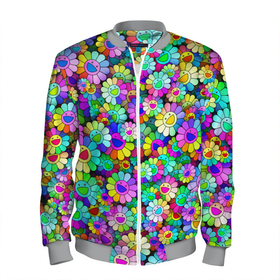 Мужской бомбер 3D с принтом Rainbow flowers в Курске, 100% полиэстер | застегивается на молнию, по бокам два кармана без застежек, по низу бомбера и на воротнике - эластичная резинка | takashi murakami | паттерн | радуга | смайл | такаси мураками | улыбка | цветы