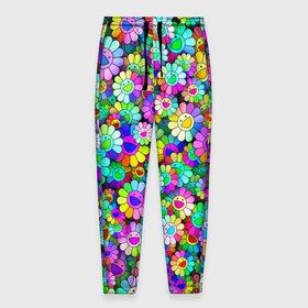 Мужские брюки 3D с принтом Rainbow flowers в Белгороде, 100% полиэстер | манжеты по низу, эластичный пояс регулируется шнурком, по бокам два кармана без застежек, внутренняя часть кармана из мелкой сетки | takashi murakami | паттерн | радуга | смайл | такаси мураками | улыбка | цветы