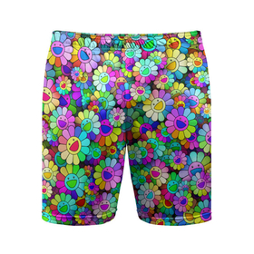Мужские шорты спортивные с принтом Rainbow flowers в Петрозаводске,  |  | takashi murakami | паттерн | радуга | смайл | такаси мураками | улыбка | цветы