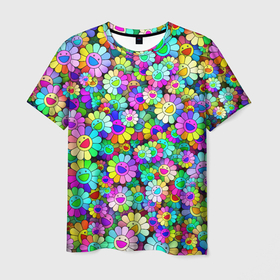 Мужская футболка 3D с принтом Rainbow flowers в Курске, 100% полиэфир | прямой крой, круглый вырез горловины, длина до линии бедер | takashi murakami | паттерн | радуга | смайл | такаси мураками | улыбка | цветы