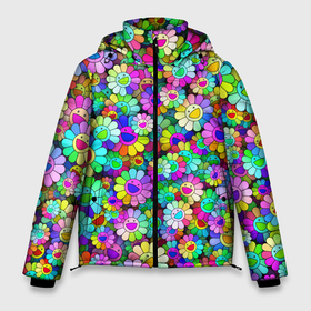 Мужская зимняя куртка 3D с принтом Rainbow flowers в Петрозаводске, верх — 100% полиэстер; подкладка — 100% полиэстер; утеплитель — 100% полиэстер | длина ниже бедра, свободный силуэт Оверсайз. Есть воротник-стойка, отстегивающийся капюшон и ветрозащитная планка. 

Боковые карманы с листочкой на кнопках и внутренний карман на молнии. | takashi murakami | паттерн | радуга | смайл | такаси мураками | улыбка | цветы