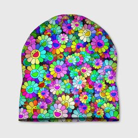 Шапка 3D с принтом Rainbow flowers , 100% полиэстер | универсальный размер, печать по всей поверхности изделия | takashi murakami | паттерн | радуга | смайл | такаси мураками | улыбка | цветы