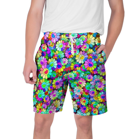 Мужские шорты 3D с принтом Rainbow flowers в Белгороде,  полиэстер 100% | прямой крой, два кармана без застежек по бокам. Мягкая трикотажная резинка на поясе, внутри которой широкие завязки. Длина чуть выше колен | takashi murakami | паттерн | радуга | смайл | такаси мураками | улыбка | цветы