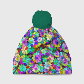 Шапка 3D c помпоном с принтом Rainbow flowers , 100% полиэстер | универсальный размер, печать по всей поверхности изделия | takashi murakami | паттерн | радуга | смайл | такаси мураками | улыбка | цветы