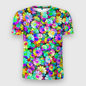 Мужская футболка 3D спортивная с принтом Rainbow flowers в Кировске, 100% полиэстер с улучшенными характеристиками | приталенный силуэт, круглая горловина, широкие плечи, сужается к линии бедра | takashi murakami | паттерн | радуга | смайл | такаси мураками | улыбка | цветы