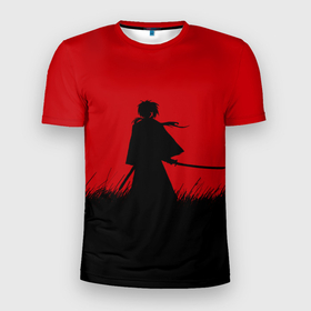 Мужская футболка 3D Slim с принтом Самурай в поле в Белгороде, 100% полиэстер с улучшенными характеристиками | приталенный силуэт, круглая горловина, широкие плечи, сужается к линии бедра | Тематика изображения на принте: воин | воин в поле | минимализм | поле | рисунок | самурай