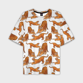 Мужская футболка OVERSIZE 3D с принтом Тигровые потягушки | паттерн белый ,  |  | Тематика изображения на принте: big cat | cats | tiger | год тигра | новый год | паттерн | тигр | тигры