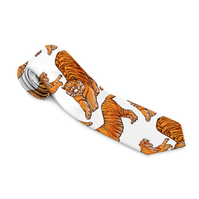 Галстук 3D с принтом Тигровые потягушки паттерн белый в Курске, 100% полиэстер | Длина 148 см; Плотность 150-180 г/м2 | big cat | cats | tiger | год тигра | новый год | паттерн | тигр | тигры