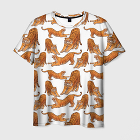 Мужская футболка 3D с принтом Тигровые потягушки паттерн белый в Курске, 100% полиэфир | прямой крой, круглый вырез горловины, длина до линии бедер | big cat | cats | tiger | год тигра | новый год | паттерн | тигр | тигры