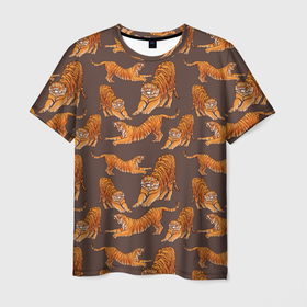 Мужская футболка 3D с принтом Тигровые потягушки кофе паттерн , 100% полиэфир | прямой крой, круглый вырез горловины, длина до линии бедер | Тематика изображения на принте: 2022 | big cats | cat | tiger | год тигра | новый год | тигр | тигровый год | тигры