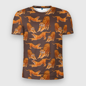 Мужская футболка 3D спортивная с принтом Тигровые потягушки кофе паттерн в Петрозаводске, 100% полиэстер с улучшенными характеристиками | приталенный силуэт, круглая горловина, широкие плечи, сужается к линии бедра | Тематика изображения на принте: 2022 | big cats | cat | tiger | год тигра | новый год | тигр | тигровый год | тигры
