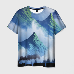 Мужская футболка 3D с принтом Поезд в горах в Тюмени, 100% полиэфир | прямой крой, круглый вырез горловины, длина до линии бедер | голубое небо | горы | поезд | поезд в горах | природа