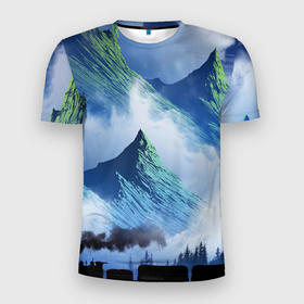Мужская футболка 3D Slim с принтом Поезд в горах в Екатеринбурге, 100% полиэстер с улучшенными характеристиками | приталенный силуэт, круглая горловина, широкие плечи, сужается к линии бедра | голубое небо | горы | поезд | поезд в горах | природа