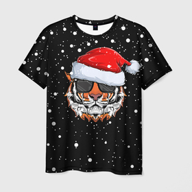 Мужская футболка 3D с принтом Новогодний Тигр   New Years Tiger в Новосибирске, 100% полиэфир | прямой крой, круглый вырез горловины, длина до линии бедер | cat | tiger | год тигра | дед мороз | зверь | кошка | новый год | рождество | санта | символ года | снег | снежинка | тигр | хищник