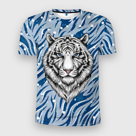 Мужская футболка 3D Slim с принтом New Years Tiger   Новогодний Тигр в Белгороде, 100% полиэстер с улучшенными характеристиками | приталенный силуэт, круглая горловина, широкие плечи, сужается к линии бедра | cat | tiger | год тигра | дед мороз | зверь | кошка | новый год | рождество | санта | символ года | снег | снежинка | тигр | хищник