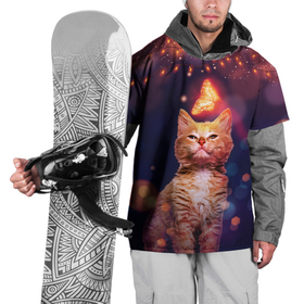 Накидка на куртку 3D с принтом РЫЖИЙ КОТ И БАБОЧКА в Тюмени, 100% полиэстер |  | бабочка | бабочка и кот | кот | кот и бабочка | котенок | кошка | лампочка | неон | неоновые лампы | неоновый свет | новогодние огни | новый год | огни | рыжий | рыжий кот | рыжый | светящаяся бабочка