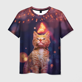Мужская футболка 3D с принтом РЫЖИЙ КОТ И БАБОЧКА в Новосибирске, 100% полиэфир | прямой крой, круглый вырез горловины, длина до линии бедер | бабочка | бабочка и кот | кот | кот и бабочка | котенок | кошка | лампочка | неон | неоновые лампы | неоновый свет | новогодние огни | новый год | огни | рыжий | рыжий кот | рыжый | светящаяся бабочка