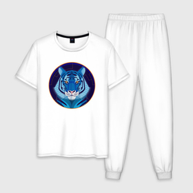 Мужская пижама хлопок с принтом Голубой водяной тигр символ 2022 года в Санкт-Петербурге, 100% хлопок | брюки и футболка прямого кроя, без карманов, на брюках мягкая резинка на поясе и по низу штанин
 | 2022 | водяной | год | гороскоп | китайский | символ | талисман | тигр