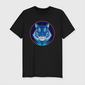 Мужская футболка хлопок Slim с принтом Голубой водяной тигр символ 2022 года в Белгороде, 92% хлопок, 8% лайкра | приталенный силуэт, круглый вырез ворота, длина до линии бедра, короткий рукав | 2022 | водяной | год | гороскоп | китайский | символ | талисман | тигр