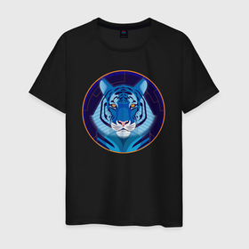 Мужская футболка хлопок с принтом Голубой водяной тигр символ 2022 года в Курске, 100% хлопок | прямой крой, круглый вырез горловины, длина до линии бедер, слегка спущенное плечо. | 2022 | водяной | год | гороскоп | китайский | символ | талисман | тигр