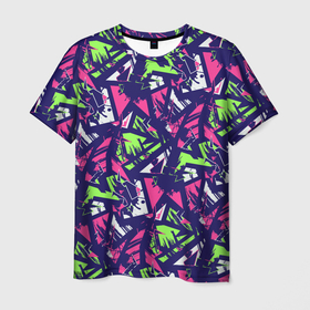 Мужская футболка 3D с принтом Неоновая Геометрия   Neon Geometry в Тюмени, 100% полиэфир | прямой крой, круглый вырез горловины, длина до линии бедер | geometry | neon | urban | абстракция | брызги | геометрия | кислотный | неон | треугольник | уличный
