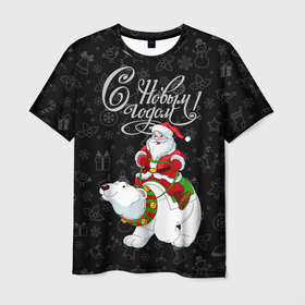 Мужская футболка 3D с принтом Санта Клаус на белом медведе , 100% полиэфир | прямой крой, круглый вырез горловины, длина до линии бедер | bells | christmas | gifts | jingle bells | new year | polar bear | riding | santa claus | snowflakes | белый медведь | бубенцы | верхом | дед мороз | колокольчики | новый год | подарки | рождество | санта клаус | снежинки