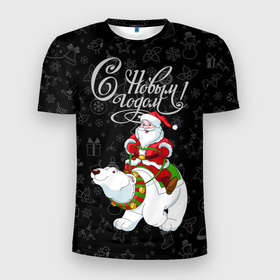 Мужская футболка 3D спортивная с принтом Санта Клаус на белом медведе в Тюмени, 100% полиэстер с улучшенными характеристиками | приталенный силуэт, круглая горловина, широкие плечи, сужается к линии бедра | bells | christmas | gifts | jingle bells | new year | polar bear | riding | santa claus | snowflakes | белый медведь | бубенцы | верхом | дед мороз | колокольчики | новый год | подарки | рождество | санта клаус | снежинки