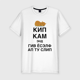Мужская футболка хлопок Slim с принтом Успокойся и просто поспи в Екатеринбурге, 92% хлопок, 8% лайкра | приталенный силуэт, круглый вырез ворота, длина до линии бедра, короткий рукав | cat | humor | joke | kitten | motto | sleep | slogan | девиз | кот | котёнок | кошка | слоган | сон | шутка | юмор