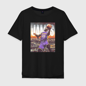 Мужская футболка хлопок Oversize с принтом LeBron James! в Петрозаводске, 100% хлопок | свободный крой, круглый ворот, “спинка” длиннее передней части | lebron james | los angeles lakers | баскетболист | леброн джеймс | лосанджелес лейкерс | нба | огайо