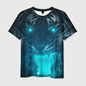 Мужская футболка 3D с принтом Неоновый водяной тигр 2022 в Санкт-Петербурге, 100% полиэфир | прямой крой, круглый вырез горловины, длина до линии бедер | 2022 | водяной тигр | неон | новый год | тигр