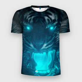 Мужская футболка 3D спортивная с принтом Неоновый водяной тигр 2022 в Екатеринбурге, 100% полиэстер с улучшенными характеристиками | приталенный силуэт, круглая горловина, широкие плечи, сужается к линии бедра | Тематика изображения на принте: 2022 | водяной тигр | неон | новый год | тигр