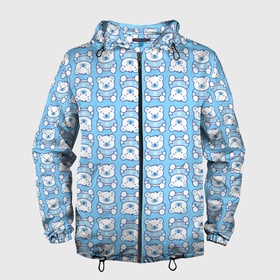 Мужская ветровка 3D с принтом Новогодний медвежонок голубой в Санкт-Петербурге, 100% полиэстер | подол и капюшон оформлены резинкой с фиксаторами, два кармана без застежек по бокам, один потайной карман на груди | медведь | медвежонок | миша | мишка | новый год | снег | снежинки | снежника