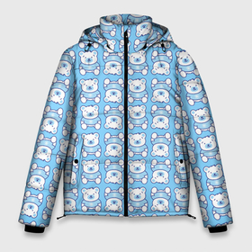 Мужская зимняя куртка 3D с принтом Новогодний медвежонок голубой в Курске, верх — 100% полиэстер; подкладка — 100% полиэстер; утеплитель — 100% полиэстер | длина ниже бедра, свободный силуэт Оверсайз. Есть воротник-стойка, отстегивающийся капюшон и ветрозащитная планка. 

Боковые карманы с листочкой на кнопках и внутренний карман на молнии. | Тематика изображения на принте: медведь | медвежонок | миша | мишка | новый год | снег | снежинки | снежника