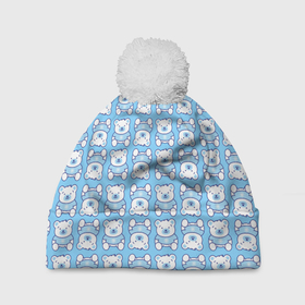 Шапка 3D c помпоном с принтом Новогодний медвежонок голубой в Санкт-Петербурге, 100% полиэстер | универсальный размер, печать по всей поверхности изделия | медведь | медвежонок | миша | мишка | новый год | снег | снежинки | снежника