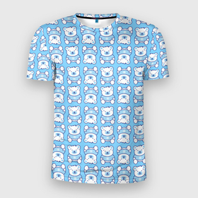 Мужская футболка 3D Slim с принтом Новогодний медвежонок голубой в Петрозаводске, 100% полиэстер с улучшенными характеристиками | приталенный силуэт, круглая горловина, широкие плечи, сужается к линии бедра | Тематика изображения на принте: медведь | медвежонок | миша | мишка | новый год | снег | снежинки | снежника