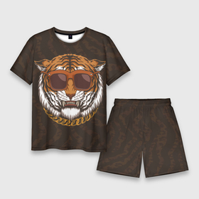 Мужской костюм с шортами 3D с принтом Крутой тигр в очках с цепью ,  |  | Тематика изображения на принте: furry | tiger | восточный тигр | год тигра | голова | кошка | тигр | тигренок | фурри | хищник