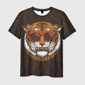 Мужская футболка 3D с принтом Крутой тигр в очках с цепью в Курске, 100% полиэфир | прямой крой, круглый вырез горловины, длина до линии бедер | furry | tiger | восточный тигр | год тигра | голова | кошка | тигр | тигренок | фурри | хищник