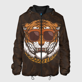Мужская куртка 3D с принтом Крутой тигр в очках с цепью в Екатеринбурге, ткань верха — 100% полиэстер, подклад — флис | прямой крой, подол и капюшон оформлены резинкой с фиксаторами, два кармана без застежек по бокам, один большой потайной карман на груди. Карман на груди застегивается на липучку | furry | tiger | восточный тигр | год тигра | голова | кошка | тигр | тигренок | фурри | хищник