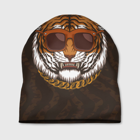 Шапка 3D с принтом Крутой тигр в очках с цепью , 100% полиэстер | универсальный размер, печать по всей поверхности изделия | Тематика изображения на принте: furry | tiger | восточный тигр | год тигра | голова | кошка | тигр | тигренок | фурри | хищник