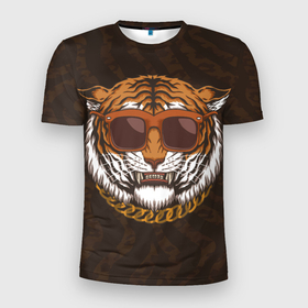 Мужская футболка 3D Slim с принтом Крутой тигр в очках с цепью в Санкт-Петербурге, 100% полиэстер с улучшенными характеристиками | приталенный силуэт, круглая горловина, широкие плечи, сужается к линии бедра | furry | tiger | восточный тигр | год тигра | голова | кошка | тигр | тигренок | фурри | хищник