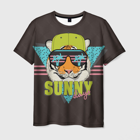 Мужская футболка 3D с принтом Солнечный тигр в Санкт-Петербурге, 100% полиэфир | прямой крой, круглый вырез горловины, длина до линии бедер | tiger | восточный тигр | год тигра | голова | кошка | тигр | тигренок | хищник