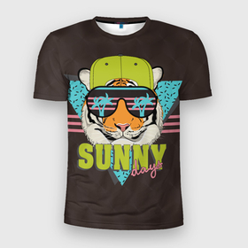 Мужская футболка 3D Slim с принтом Солнечный тигр в Санкт-Петербурге, 100% полиэстер с улучшенными характеристиками | приталенный силуэт, круглая горловина, широкие плечи, сужается к линии бедра | tiger | восточный тигр | год тигра | голова | кошка | тигр | тигренок | хищник