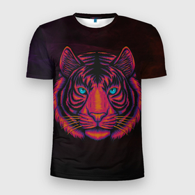 Мужская футболка 3D Slim с принтом Тигр | Tiger (голова) в Санкт-Петербурге, 100% полиэстер с улучшенными характеристиками | приталенный силуэт, круглая горловина, широкие плечи, сужается к линии бедра | tiger | восточный тигр | год тигра | голова | кошка | тигр | тигренок | хищник