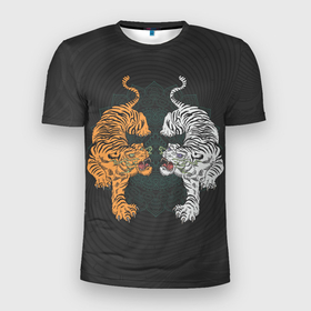 Мужская футболка 3D Slim с принтом Два тигра в Санкт-Петербурге, 100% полиэстер с улучшенными характеристиками | приталенный силуэт, круглая горловина, широкие плечи, сужается к линии бедра | tiger | восточный тигр | год тигра | два тигра | кошка | тигр | тигренок | хищник
