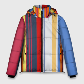 Мужская зимняя куртка 3D с принтом Stripes Abstract в Екатеринбурге, верх — 100% полиэстер; подкладка — 100% полиэстер; утеплитель — 100% полиэстер | длина ниже бедра, свободный силуэт Оверсайз. Есть воротник-стойка, отстегивающийся капюшон и ветрозащитная планка. 

Боковые карманы с листочкой на кнопках и внутренний карман на молнии. | абстракция | акриловая | акриловый | без лишнего | белую | белый | в полоску | голубую | желтую | желтый | красную | красный | линии | на каждый день | полоски | разноцветная | разноцветное