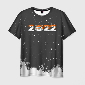 Мужская футболка 3D с принтом Новый год 2022 - надпись 2022 в Санкт-Петербурге, 100% полиэфир | прямой крой, круглый вырез горловины, длина до линии бедер | 2022 | год тигра | новый год | новый год 2022 | символ года | тигр | тигренок | тигрица | тигры