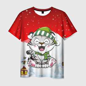 Мужская футболка 3D с принтом Милый тигренок (Новый 2022 год) в Петрозаводске, 100% полиэфир | прямой крой, круглый вырез горловины, длина до линии бедер | 2022 | год тигра | новый год | новый год 2022 | символ года | тигр | тигренок | тигрица | тигры